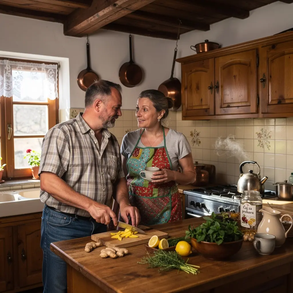 Čovjek uživa u šalici čaja dok se opušta u prirodi.