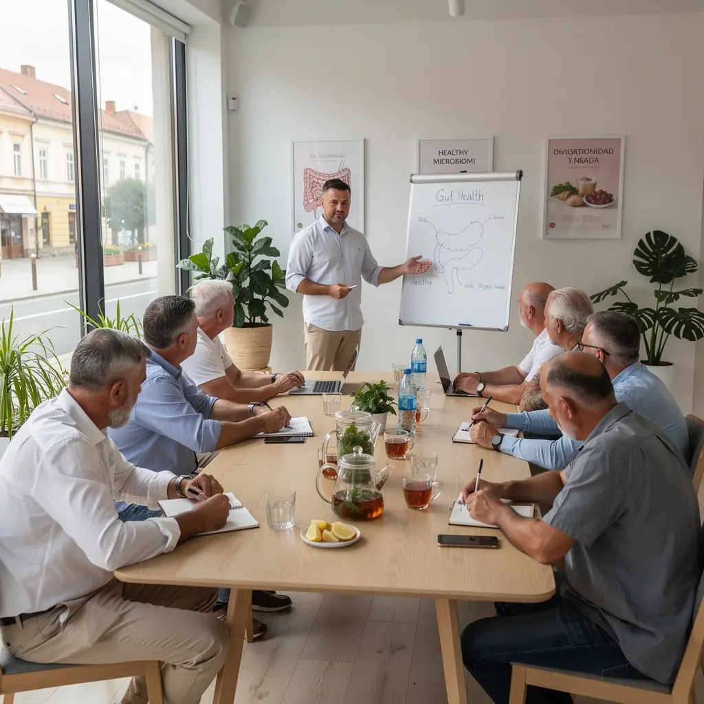 Mužjak s osmijehom drži šalicu čaja s oznakom "za probavu".