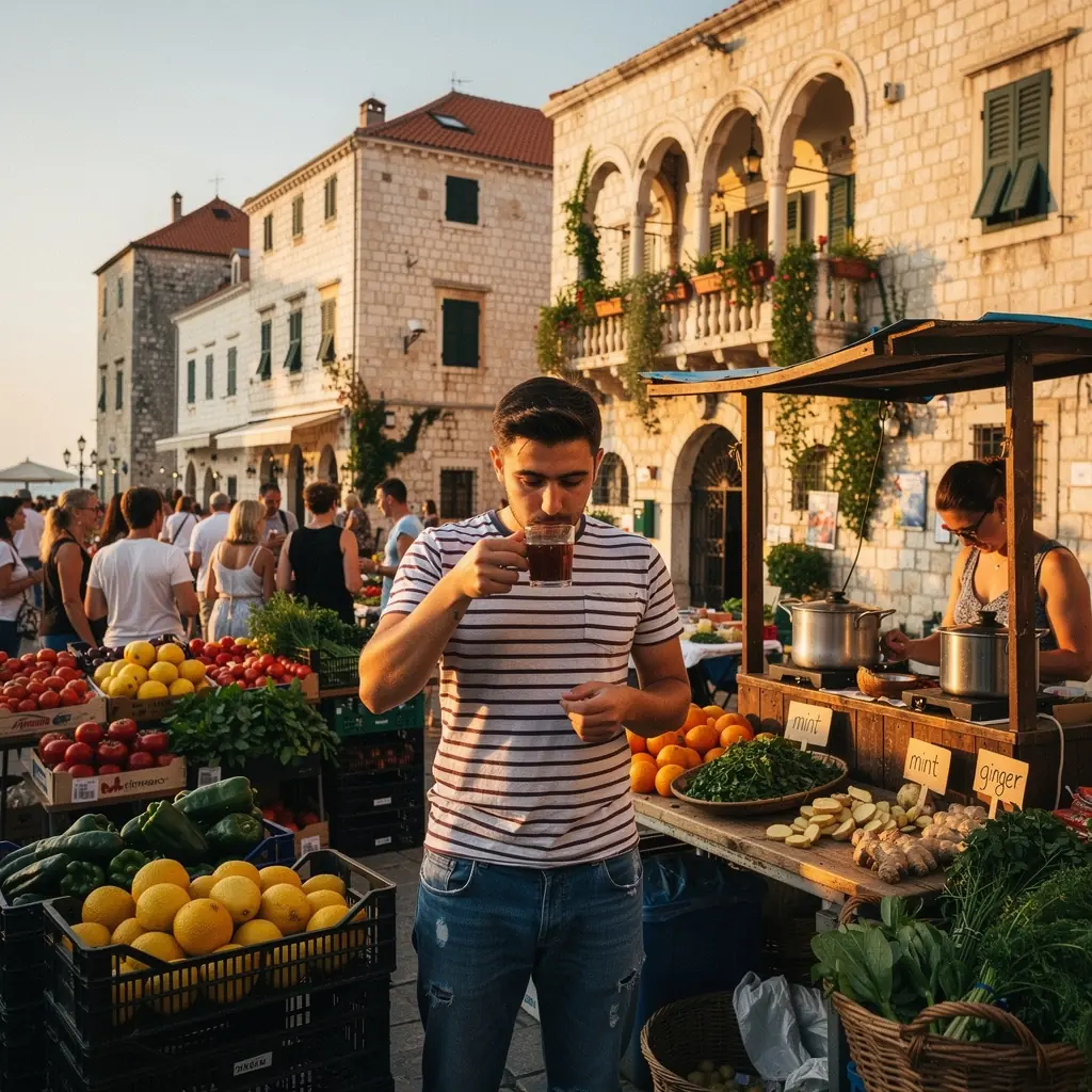 Muškarac uživa u šalici čaja na terasi uz jutarnje sunce.